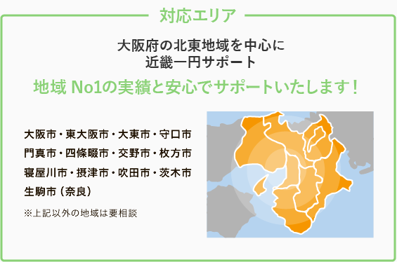 対応エリア。大阪府の北東地域を中心に
近畿一円サポート。地域No1の実績と安心でサポートいたします！